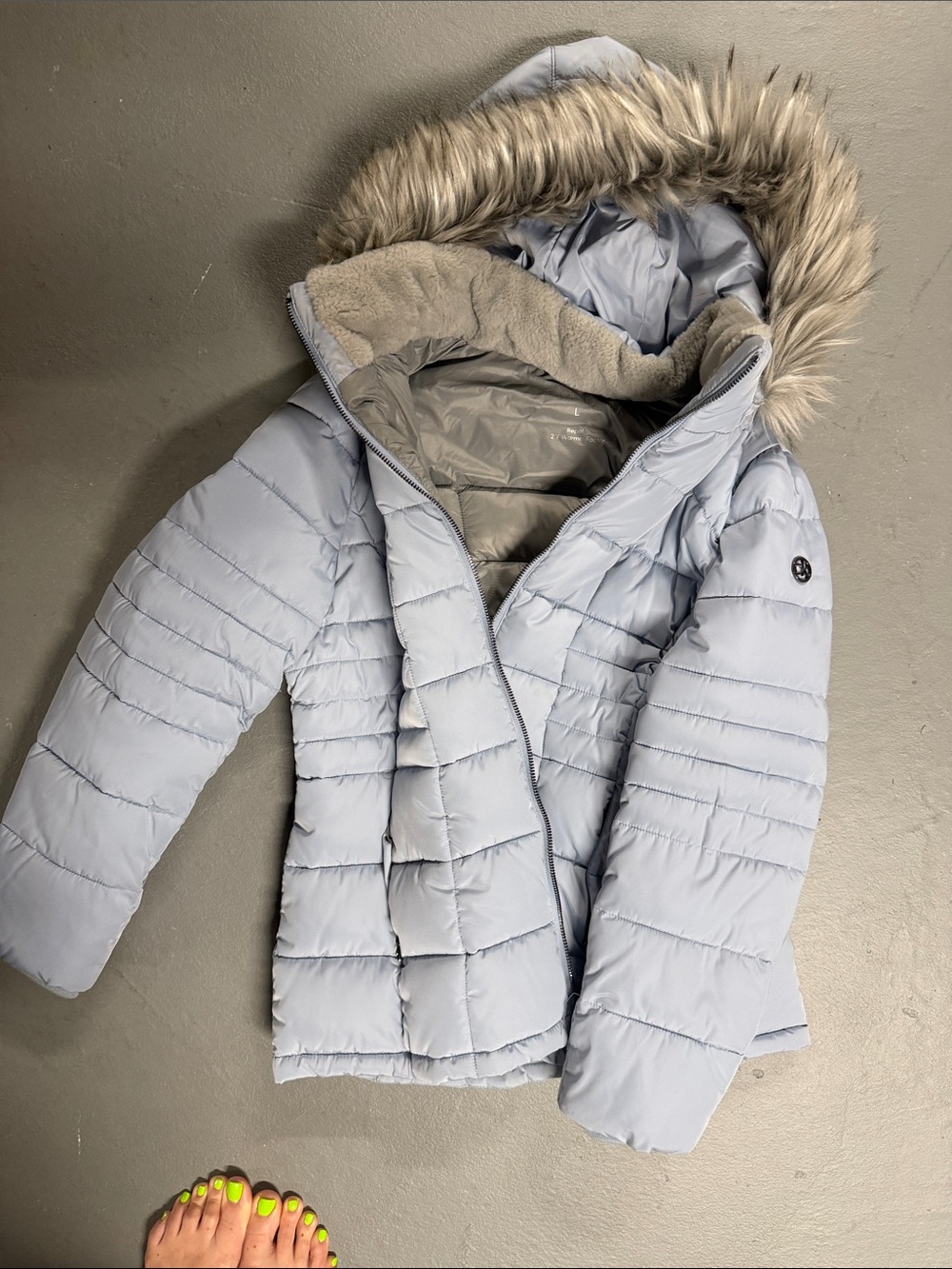Calvin Klein Light Blue Quilted Puffer Jacket with Faux Fur Hood